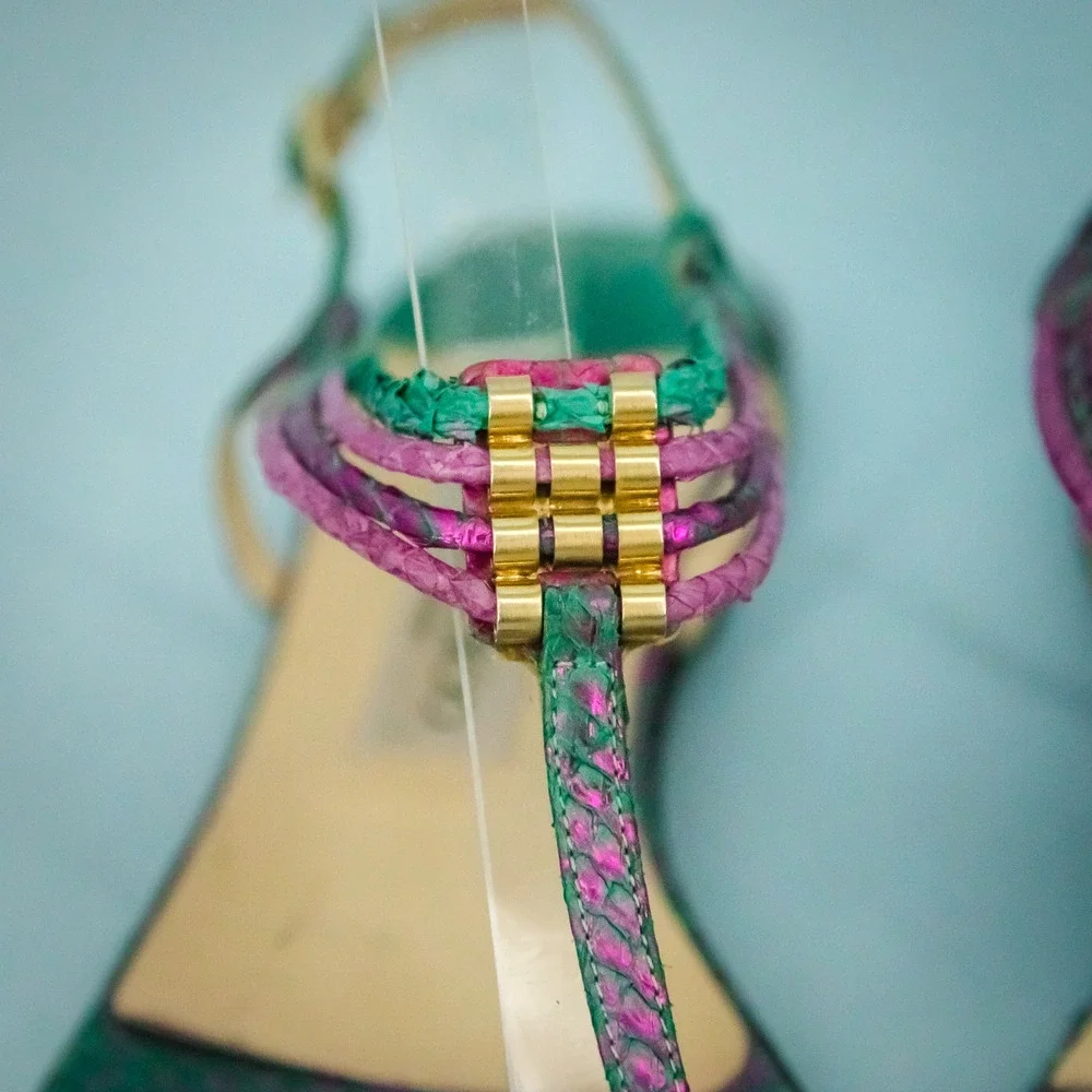 Jimmy Choo 39 Size 9 Green Purple Neon Fish Fife Leather T Strap Thong Sandals
